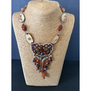 Handcrafted Southwestern Beaded Statement Necklace Gemstone Accents Taos Pueblo